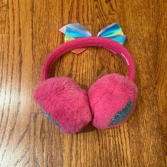 Girl’s Pink Fur Ear Muffs Rainbow Bow - Picture 1 of 4